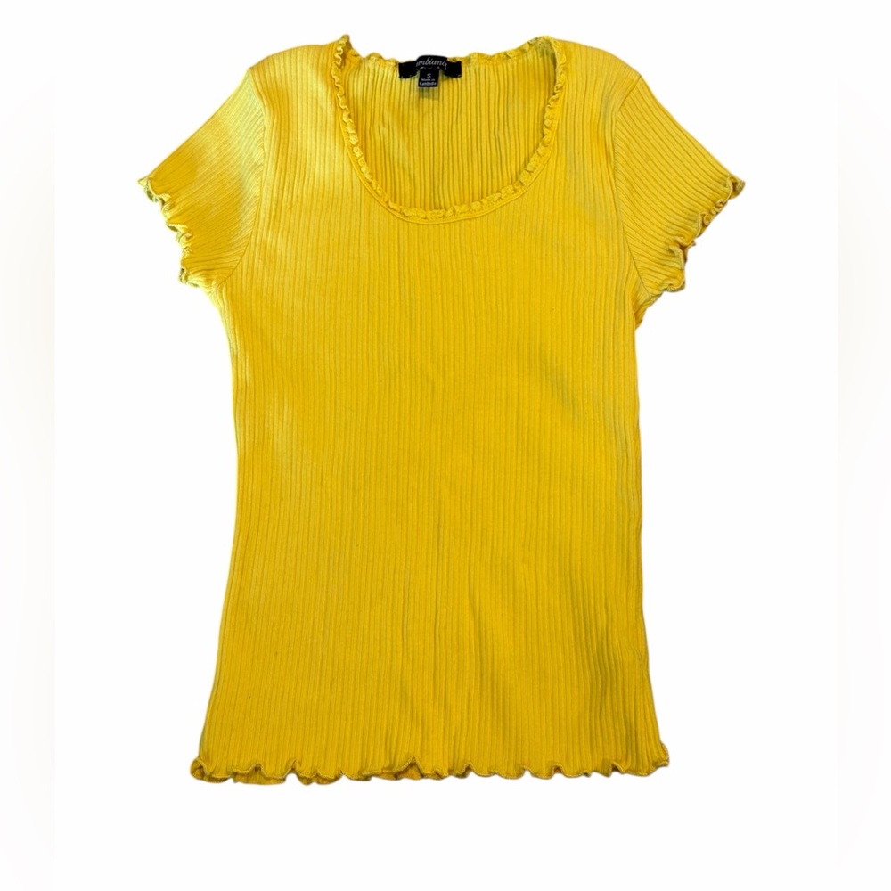 Ambiance Yellow Ribbed Top Women Size S Short Sleeve Ruffle Trim Stretch